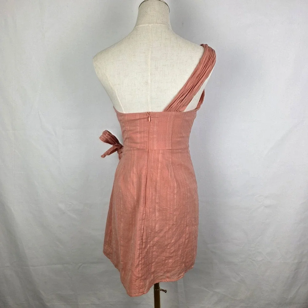 Hello Molly One Shoulder Cotton Mini Dress Pink Peach Side Tie Wrap Size S 4 - Picture 3 of 8